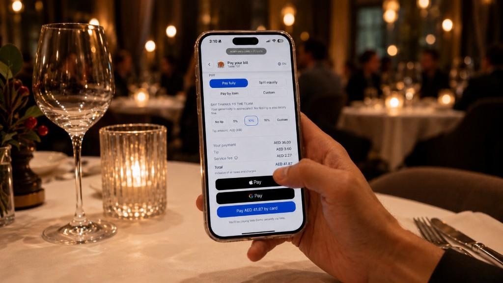 A guest paying their bill on Velo's mobile checkout at a fine-dining table